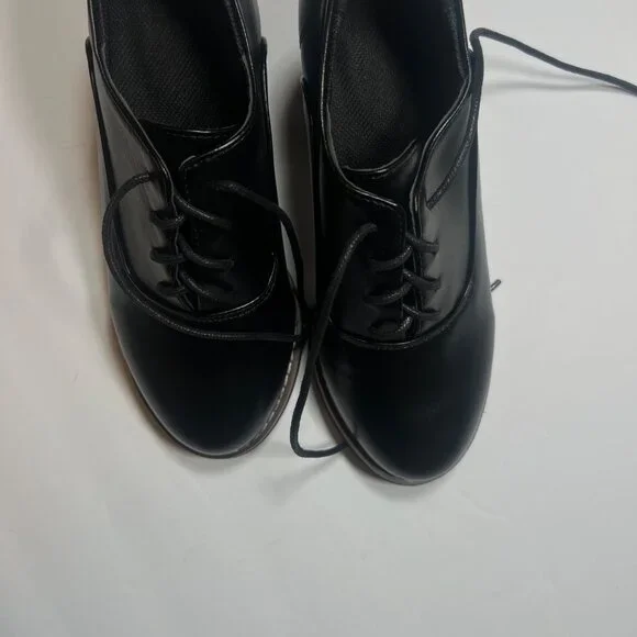 Black Lace-Up Chunky Heel Oxford Shoes For Women SZ 37 - Picture 3 of 7
